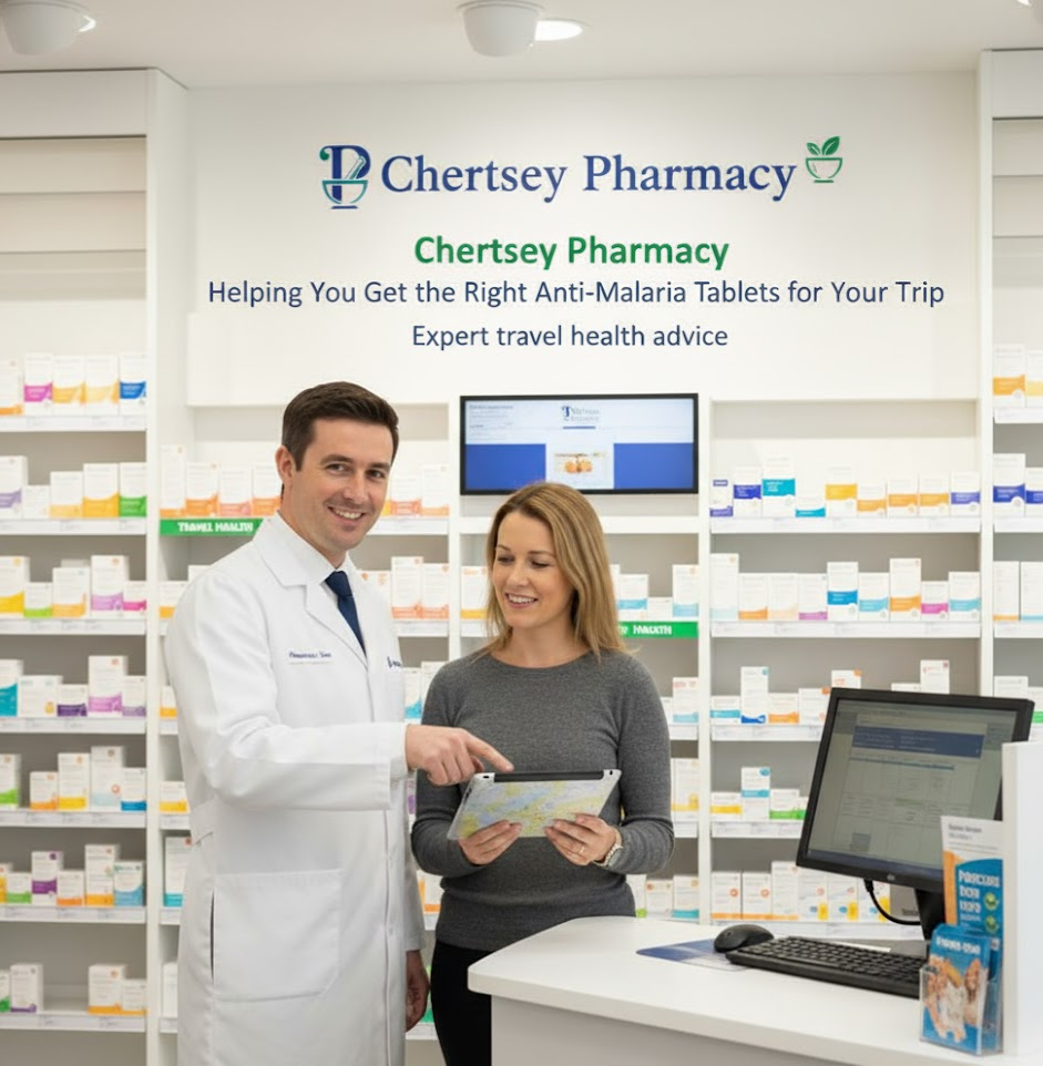 Pharmacist at Chertsey Pharmacy advising traveller on the right anti-malaria tablets before trip abroad.